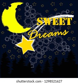 Good Night and Sweet Dreams.Night scene with moon and stars in the space.Nature.