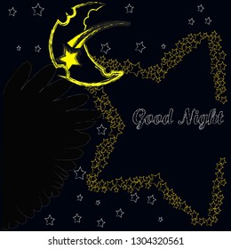 Good Night and Sweet Dreams.Night scene with moon,stars and wings from the owl.Nature.