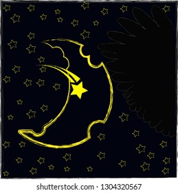 Good Night and Sweet Dreams.Night scene with moon,stars and wings from the owl.Nature.