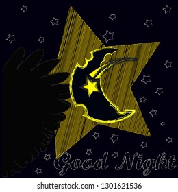 Good Night and Sweet Dreams.Night,nature scene with moon , stars and the wings from the owl .Space.Nature.