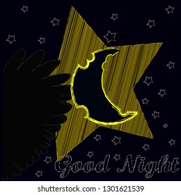Good Night and Sweet Dreams.Night,nature scene with moon , stars and the wings from the owl .Space.Nature.