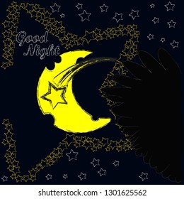 Good Night and Sweet Dreams.Night,nature scene with moon,stars and wings from the owl.Space.Nature.