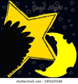Good Night and Sweet Dreams.Night,nature scene with moon,stars and wings from the owl.Space.Nature.