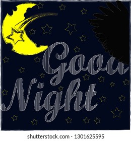 Good Night and Sweet Dreams.Night,nature scene with moon,stars and wings from the owl.Space.Nature.