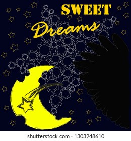 Good Night and Sweet Dreams.Night,nature scene with moon,stars and wings from the owl.Nature.