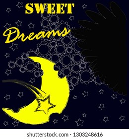 Good Night and Sweet Dreams.Night,nature scene with moon,stars and wings from the owl.Nature.