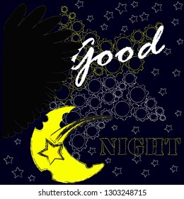 Good Night and Sweet Dreams.Night,nature scene with moon,stars and wings from the owl.Nature.