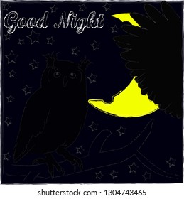 Good Night and Sweet Dreams.Night,nature scene with moon,stars,owl and wings from the owl.Nature.
