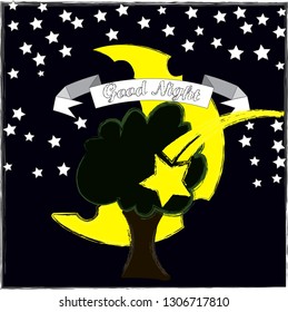 Good Night and Sweet Dreams.Night,nature scene with moon,stars and the green tree.Nature.
