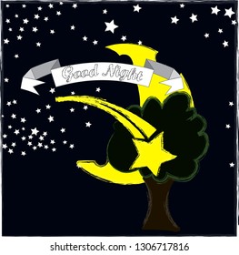 Good Night and Sweet Dreams.Night,nature scene with moon,stars and the green tree.Nature.