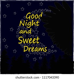 Good Night and Sweet .Night scene with moon,stars and wings from the owl.Nature.