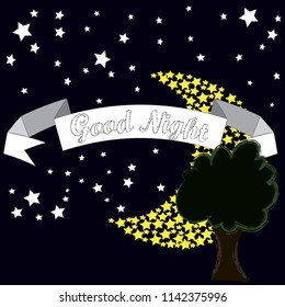 Good Night and Sweety dreams.Night scene with moon,stars and the tree.Nature.