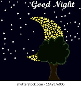 Good Night and Sweety dreams.Night scene with moon,stars and the tree.Nature.