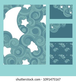 Good night templates with night sky with crescent moon, stars and whirling clouds. Seamless endless pattern. Vector illustration.
