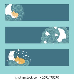 Good night templates with night sky with crescent moon, stars, whirling clouds and fox and cat sleeping on moon. Vector illustration.