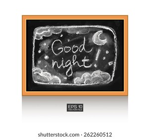 Good night! Text message. Chalkboard isolated texture background Hand drawn vector illustration. Kids beautiful drawing. White wall. Wood wooden frame. Drop shadow.  Web and mobile interface template 
