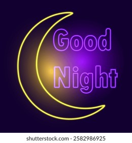 Good night text with moon half, neon sign, vector illustration.