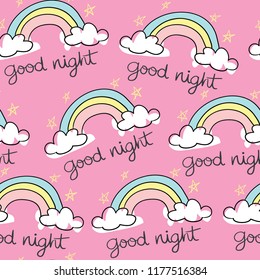 Good night text with star and cloud drawings seamless repeating pattern texture / Vector illustration design for fashion fabrics, textile graphics, wallpapers and other uses