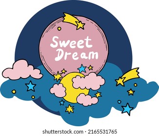 Good night theme frame with moon, stars and clouds on the dark sky. Quotes background, poster, card decoration. Hand drawn colourful vector  illustration. Cartoon retro vintage boho style drawing.