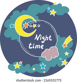 Good night theme frame with moon, stars and clouds on the dark sky. Quotes background, poster, card decoration. Hand drawn colourful vector  illustration. Cartoon retro vintage boho style drawing.