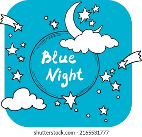 Good night theme frame with moon, stars and clouds on the dark sky. Quotes background, poster, card decoration. Hand drawn colourful vector  illustration. Cartoon retro vintage boho style drawing.