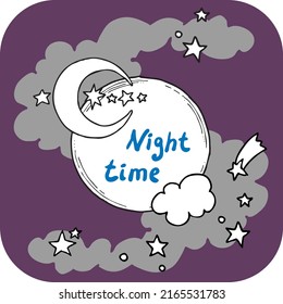 Good night theme frame with moon, stars and clouds on the dark sky. Quotes background, poster, card decoration. Hand drawn colourful vector  illustration. Cartoon retro vintage boho style drawing.