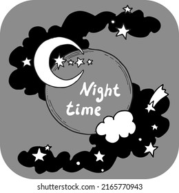 Good night theme frame with moon, stars and clouds on the dark sky. Quotes background, poster, card decoration. Hand drawn illustration. Cartoon retro vintage boho style monochrome vector drawing.