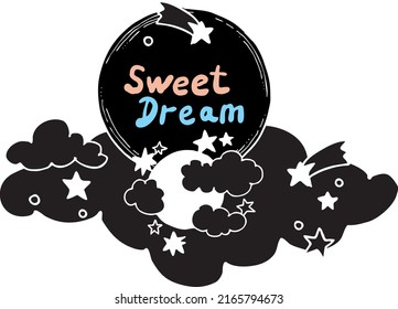 Good night theme frame with moon, stars and clouds on the dark sky. Quotes background, poster, card decoration. Hand drawn illustration. Cartoon retro vintage boho style black vector drawing.