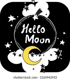 Good night theme frame with moon, stars and clouds on the dark sky. Quotes background, poster, card decoration. Hand drawn vector illustration. Cartoon retro vintage boho chalkboard style drawing.