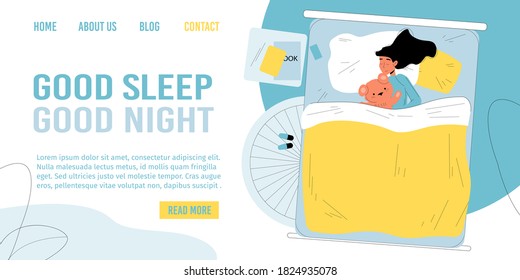 Good night time sleep. Tired little girl kid sleeping in comfort bad lying on pillow hugging toy teddy bear under blanket. Bedtime, domestic life. Children health, insomnia treatment. Landing page