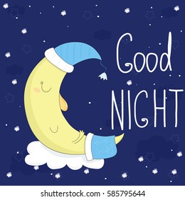 Good night vector card with cute sleeping moon.
