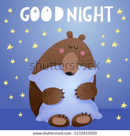 Good night vector cartoon illustration with cute bear sleeping on a pillow. Hand drawn letters with stars. Clip-art for kids.