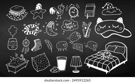 Good night vector chalk drawn  illustrations collection. Bedtime sleeping hygiene objects, characters and accessories