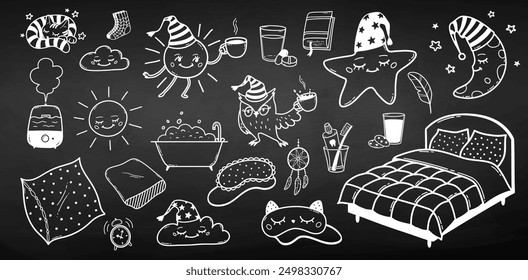 Good night vector chalk drawn  illustrations set. Bedtime sleeping hygiene objects, characters and accessories