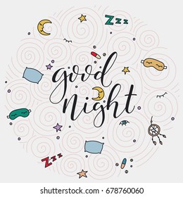 Good night. Vector emblem of sleep elements and insomnia symbols. Half of moon, sleep mask, pillow, eye. Sleep quote.