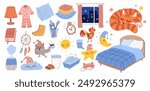 Good night vector hand drawn illustrations collection. Bedtime sleeping hygiene objects, characters and accessories