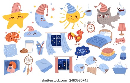 Good night vector hand drawn illustrations collection. Bedtime  sleeping hygiene objects, characters and accessories