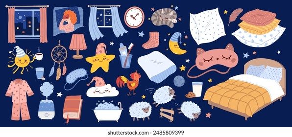 Good night vector hand drawn illustrations collection. Bedtime sleeping hygiene objects, characters and accessories