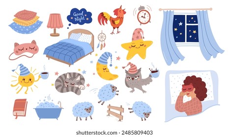 Good night vector hand drawn illustrations set. Bedtime  sleeping hygiene objects, cute characters and accessories