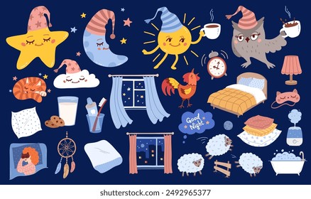 Good night vector hand drawn illustrations set. Bedtime sleeping hygiene objects, characters and accessories on dark background