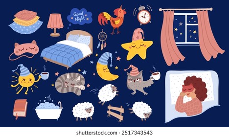 Boa noite vetor mão desenhado ilustrações coleção. Objetos de higiene de dormir à hora de dormir, personagens bonitos e acessórios