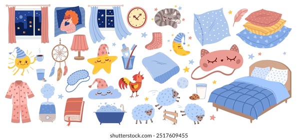 Good night vector hand drawn illustrations set. Bedtime sleeping hygiene objects, characters and accessories