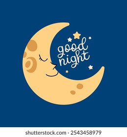 Good night - vector hand drawn lettering with yellow moon and stars. In the handmade phrase on the dark background. Card, flyer, banner design