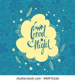 Good night. vector hand drawn illustration with white cloud, feathers and stars on blue background