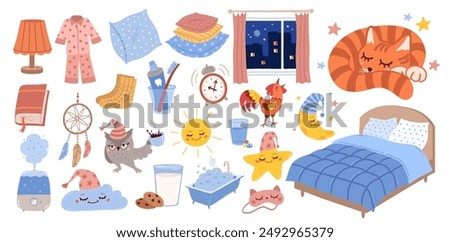 Good night vector hand drawn illustrations collection. Bedtime sleeping hygiene objects, characters and accessories