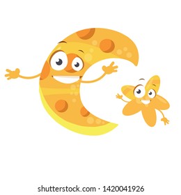 good night vector illustration with cartoon star character and half moon character