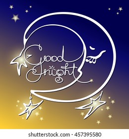 Good night. Vector illustration of handwritten words, moon on blue and yellow background. Quote typographic background design. Greeting card.