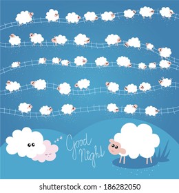 Good Night Vector Illustration for Kids with Individual Sheep