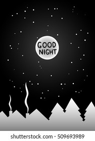 Good night vector illustration. Night landscape with houses, trees, moon and stars 