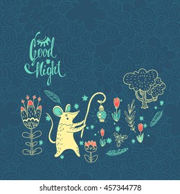 Good night. vector illustration with mouse. cute cartoon character on forest glade with tree and wonderful flowers. 